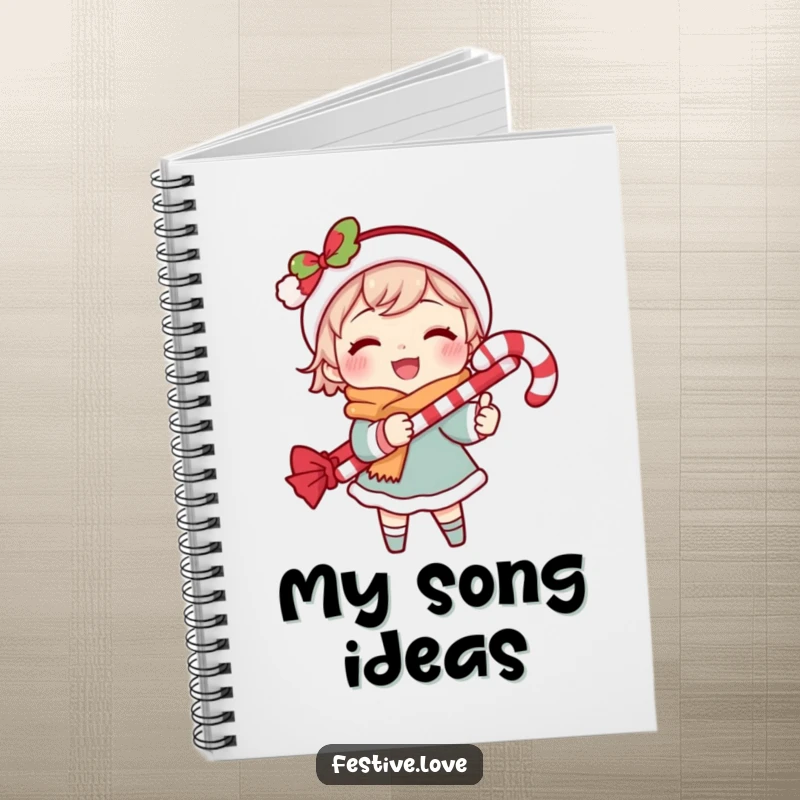 Funny notebook with a caroling character and candy cane design, ideal for writing songs or jotting down notes.