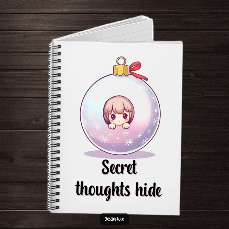 Funny notebook cover featuring a small character playfully peeking from behind a large, twinkling Christmas ornament, perfect for festive journaling.
