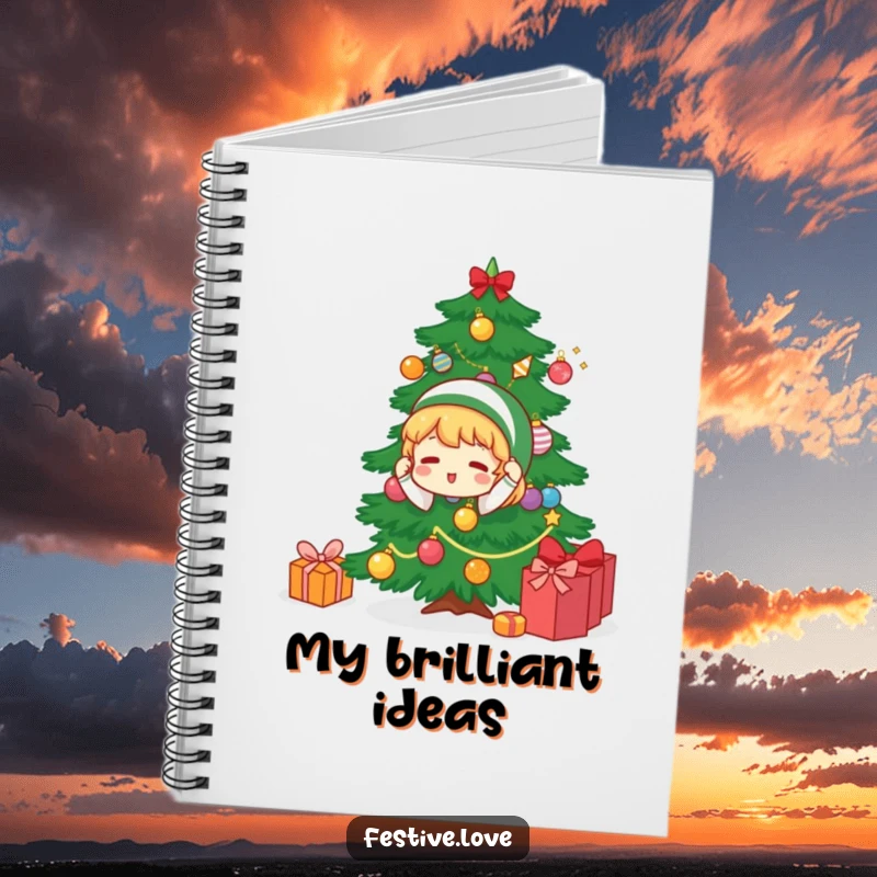 Funny notebook with a character decorating a Christmas tree, perfect for jotting down holiday plans, ideas, and festive notes.