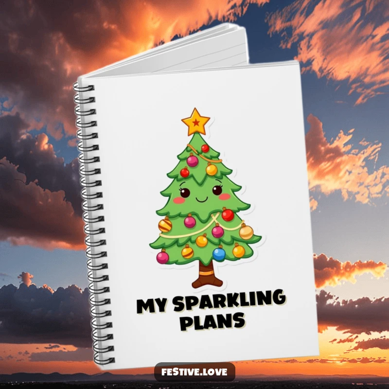 Funny Christmas tree notebook with a cheerful character decorated with shining ornaments and a star, perfect for journaling.