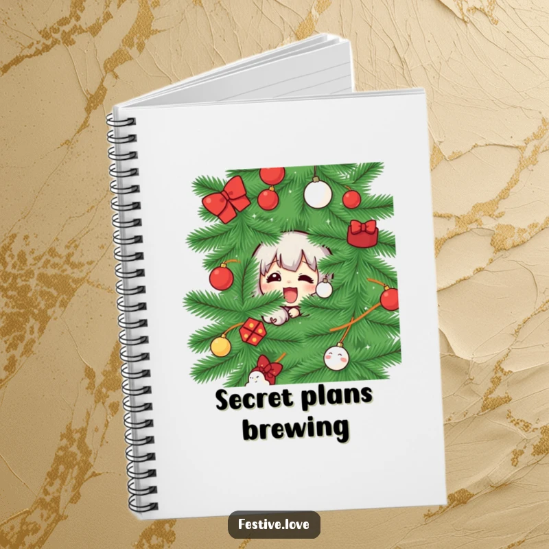 Funny notebook with a character peeking from behind a Christmas tree, great for jotting down holiday secrets and plans.