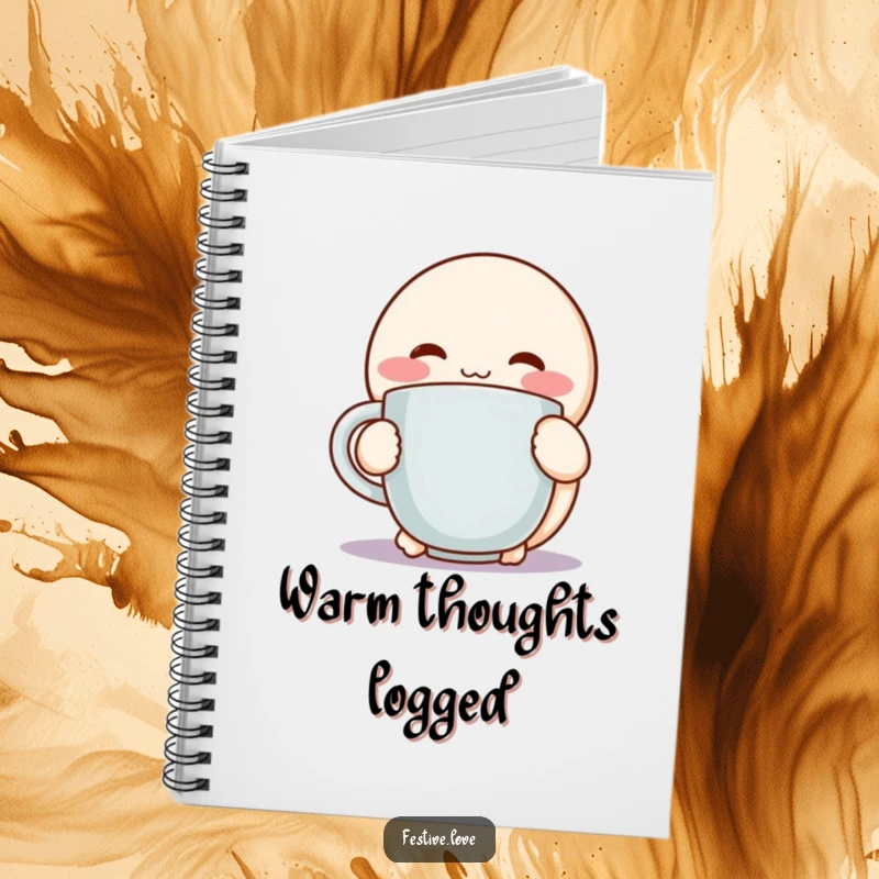 Funny notebook with a round, rosy-cheeked character hugging a steaming mug with pure delight, perfect for writing.