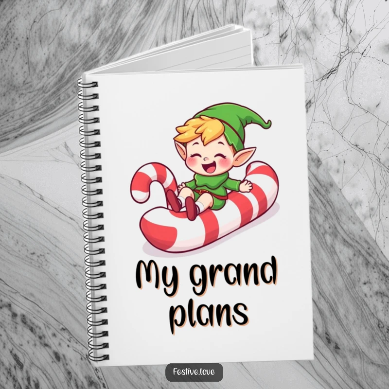 Funny happy elf character sliding down a candy cane with a wide grin, on a notebook, a humorous and sweet stationery gift.