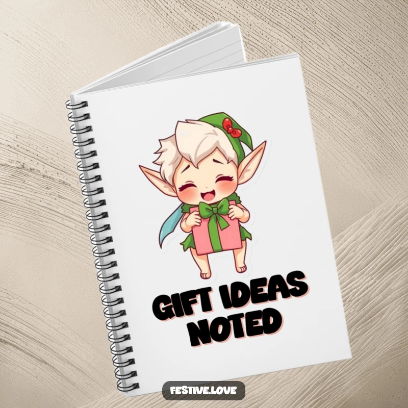 Funny elf notebook, an excited character wrapping a gift, perfect for jotting down holiday to-do lists.