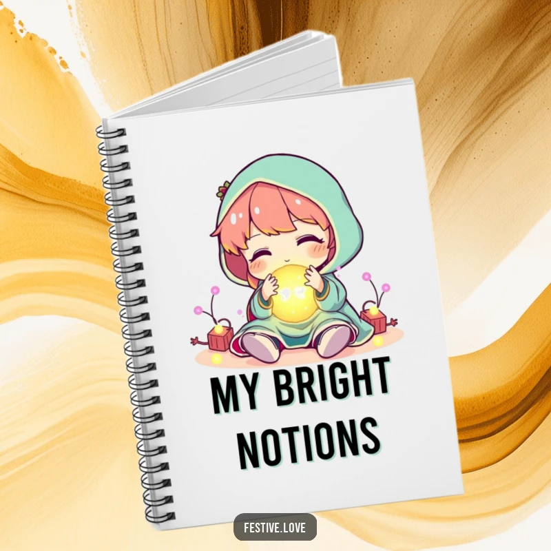 Funny character playing with a ball of glowing, festive lights, on a notebook, a humorous and practical stationery gift.
