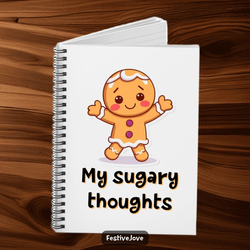 Funny gingerbread man notebook with a smiling character dancing with frosting accents, perfect for journaling.