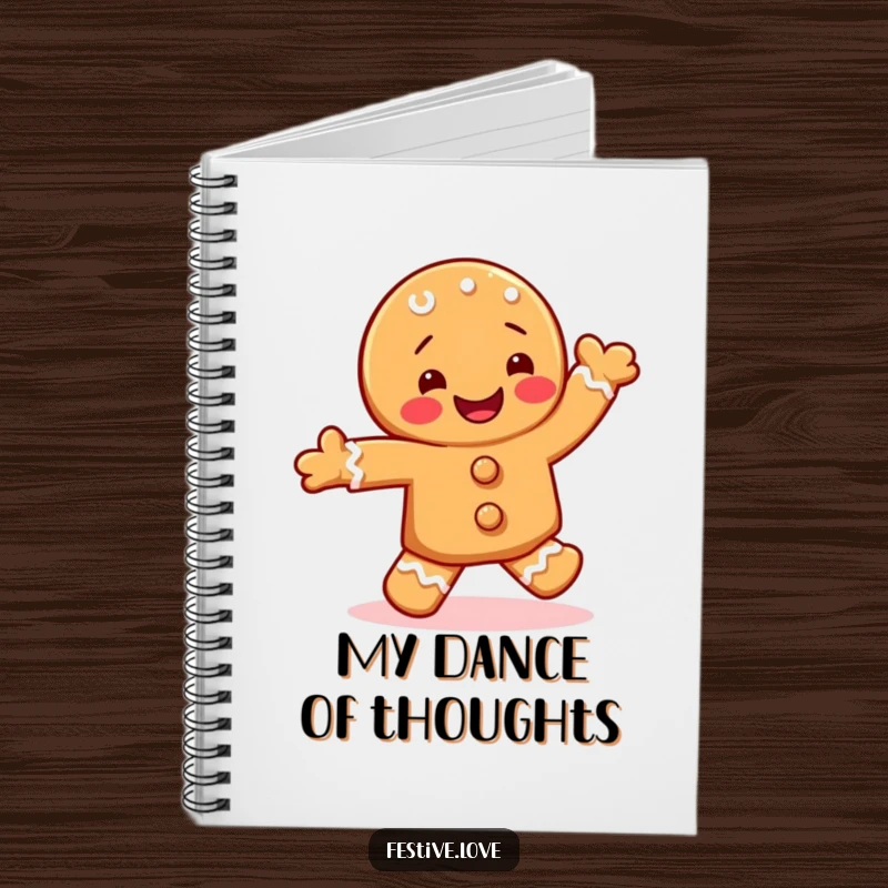 Funny notebook cover depicting a happy gingerbread cookie character performing an energetic jig with icing details.