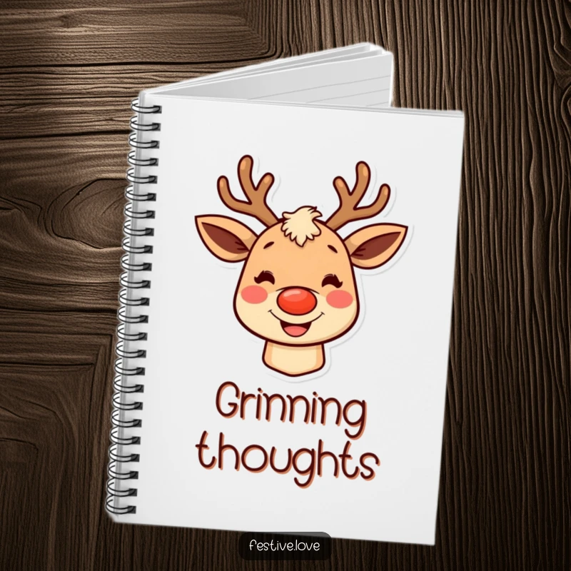 Funny reindeer notebook, a character with rosy cheeks and a big grin, perfect for jotting down holiday inspirations.