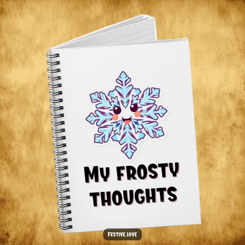 Funny notebook displaying a happy snowflake character with intricate designs, caught mid-spin with joyful winter energy.