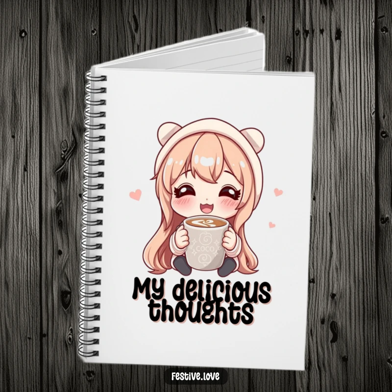 Funny notebook with a character sharing hot cocoa, perfect for jotting down cozy thoughts, recipes, and warm memories.