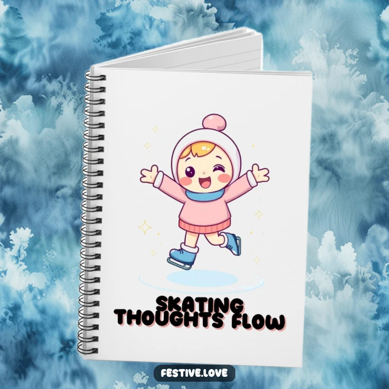 Funny notebook with a happy character ice skating with arms outstretched, kicking up sparkly ice, perfect for writing.