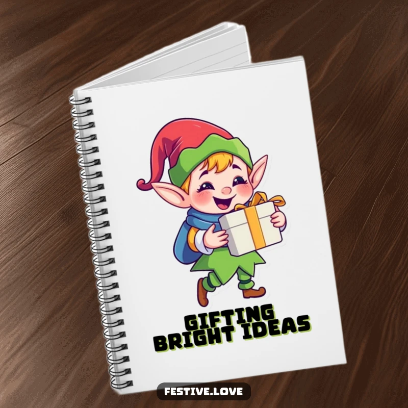 Funny jolly elf notebook featuring a happy cartoon elf character holding a gift with a big grin, perfect for jotting down holiday wishes.