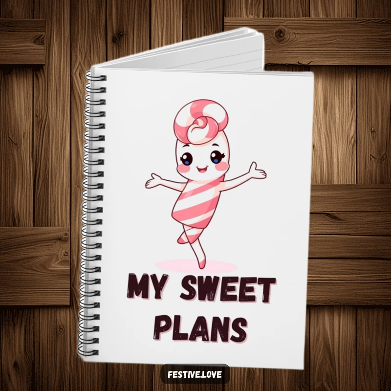 Funny kawaii candy cane notebook, playful pirouette, perfect for jotting down holiday ideas.