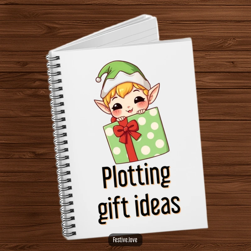Funny kawaii elf notebook, mischievous grin, hiding behind a gift, perfect for jotting down notes and ideas.