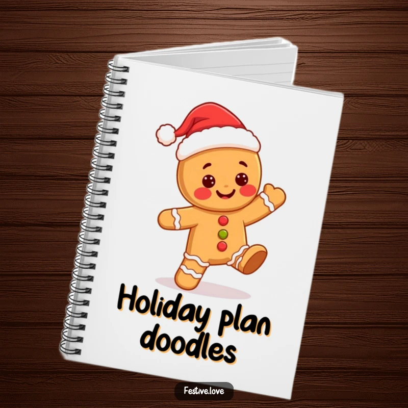 Funny kawaii gingerbread man in a Santa hat, doing a jolly dance, featured on the cover of a festive notebook.