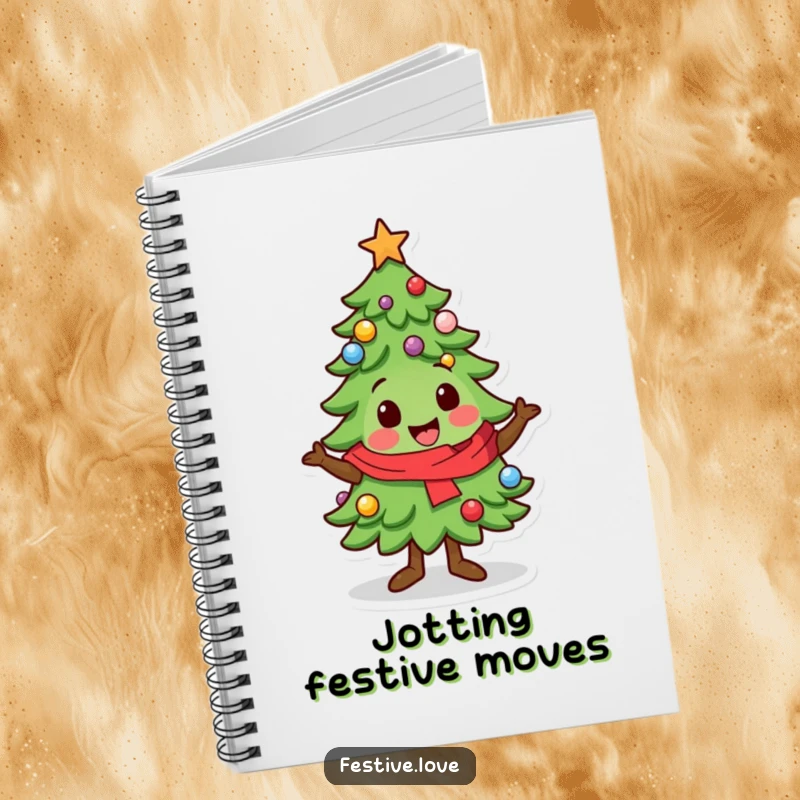 Funny Notebook: A kawaii Christmas tree character does a festive wiggle, inspiring joyful thoughts and creative note-taking.