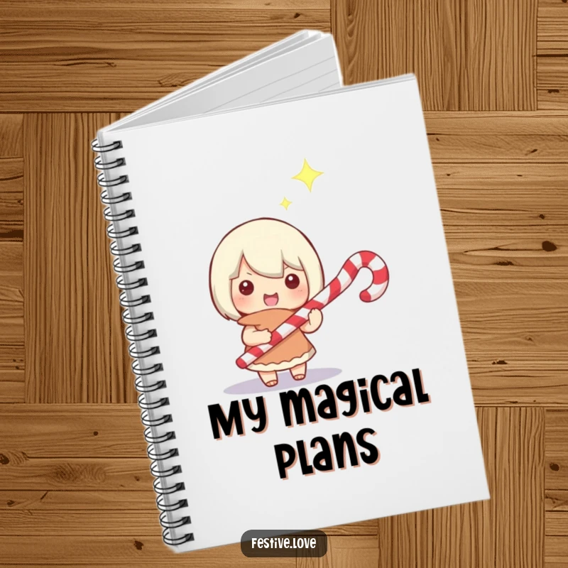 Funny notebook cover featuring a small character with a candy cane wand, eyes sparkling, perfect for writing magical holiday thoughts.