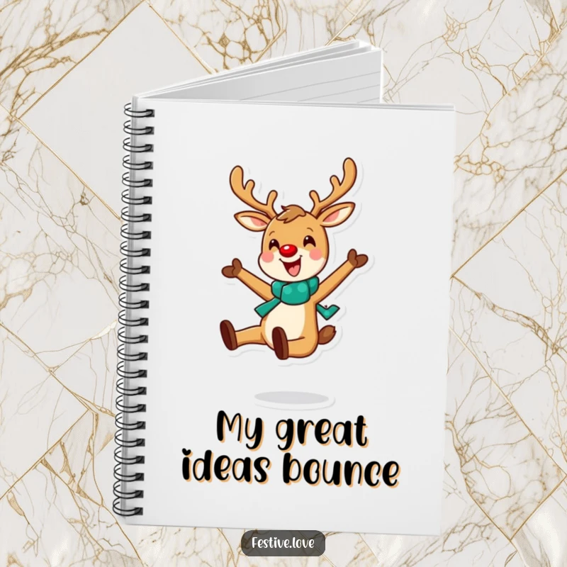 Funny notebook cover featuring a cheerful reindeer leaping with holiday joy, perfect for jotting down fun ideas.