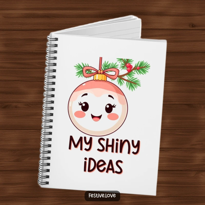 Funny notebook displaying a smiling ornament character with a cheerful expression, hanging from a festive garland.