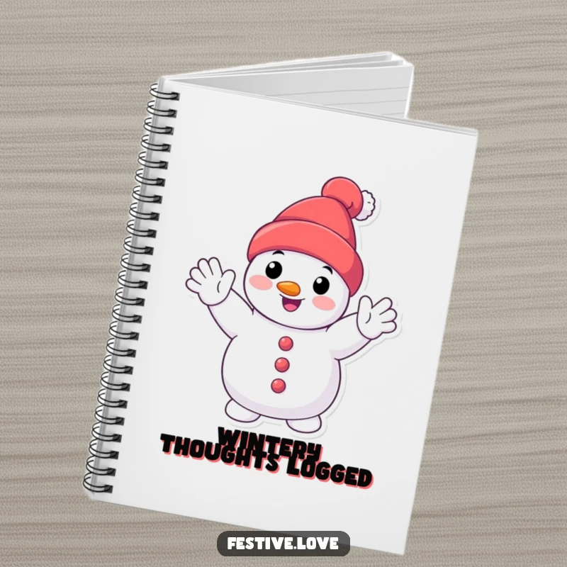Funny smiling snowman notebook featuring a happy cartoon snowman character waving enthusiastically, perfect for jotting down winter thoughts.
