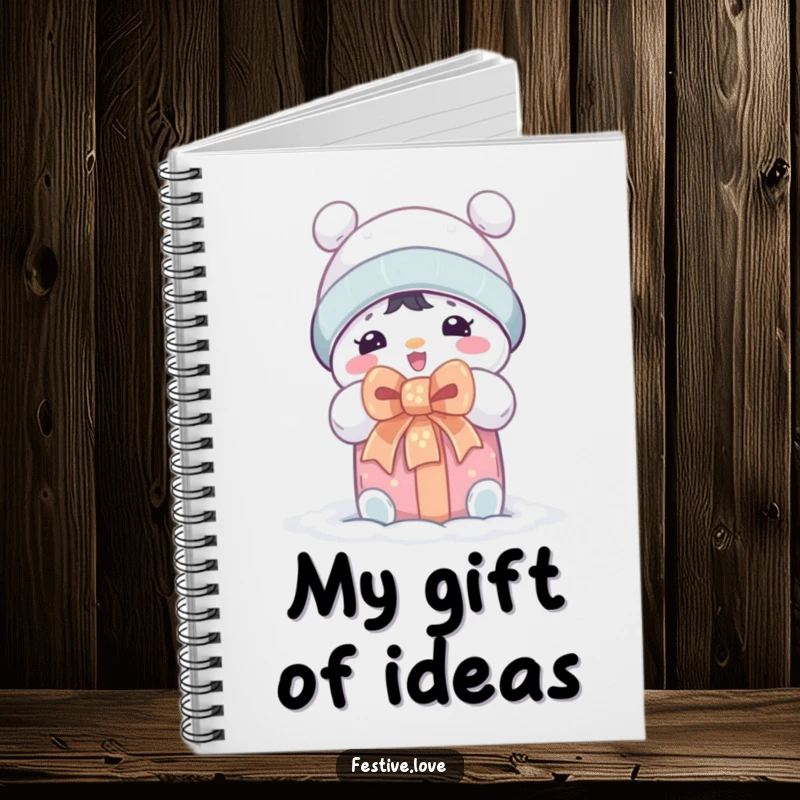 Funny notebook cover showing a cute snow character, beaming with excitement as they unwrap a present.