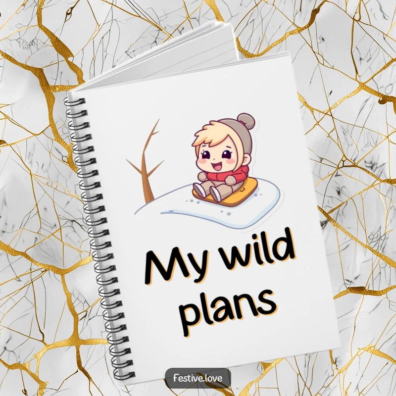 Funny notebook with a character sledding down a snowy hill, perfect for journaling winter experiences, dreams, and snowy day fun.