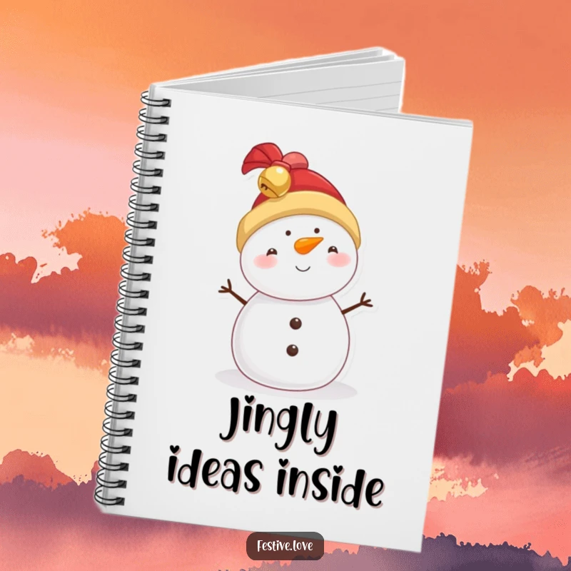Funny snowman notebook, a cute character with a jingly bell hat, perfect for jotting down holiday inspirations.