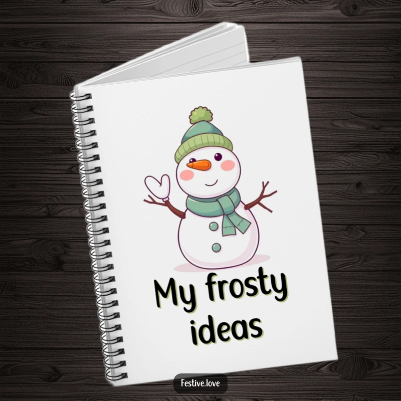 Funny snowman notebook with a jolly character waving with twig arms and a carrot nose, perfect for journaling.
