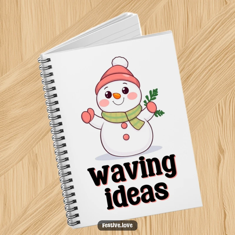 Funny snowman character notebook waving a tiny evergreen branch, ideal for jotting down cheerful winter thoughts and friendly notes.