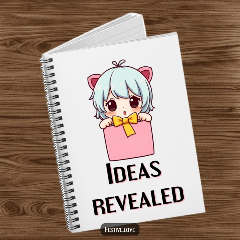 Funny character notebook unwrapping a gift, surprised expression, for writing and planning, a fun funny gift.