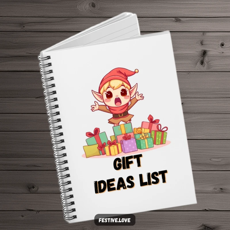 Funny notebook displaying a surprised elf character jumping excitedly behind a bountiful pile of Christmas presents.