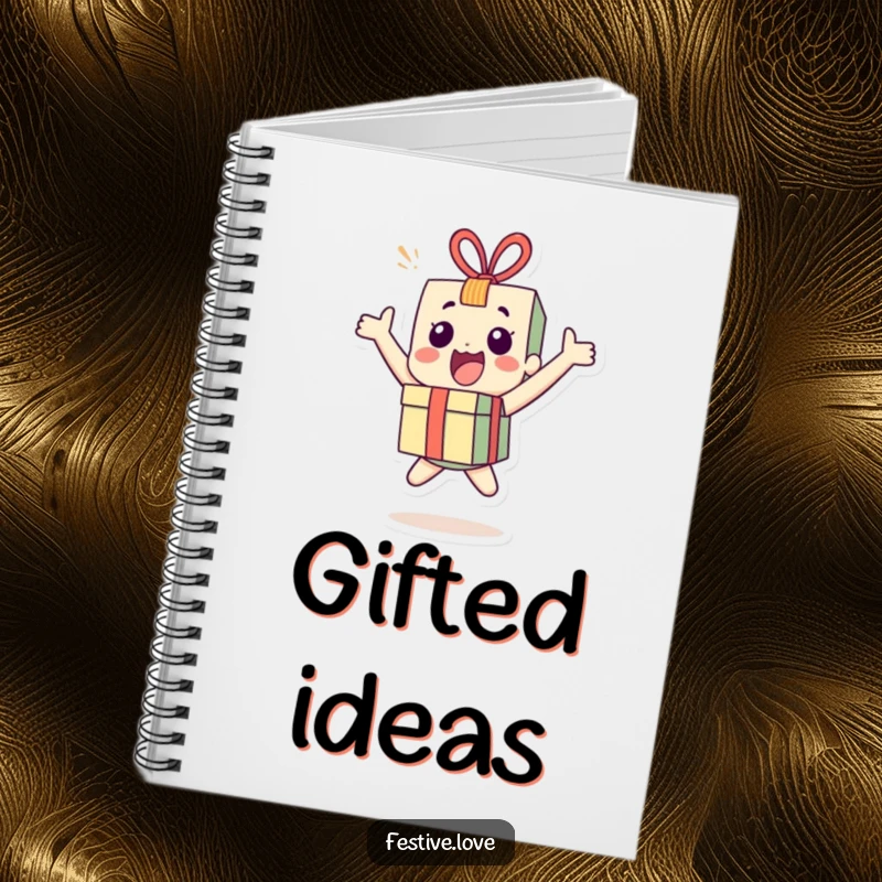 Funny little present character notebook bouncing with joy, ideal for jotting down exciting ideas and energetic plans.