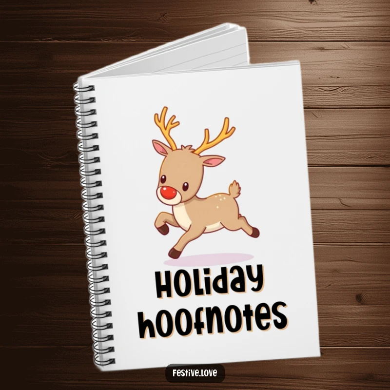 Funny kawaii reindeer with twinkling antlers, prancing gleefully, featured on the cover of a festive notebook.