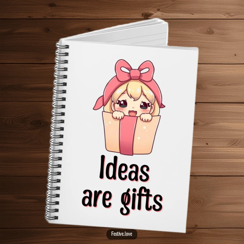 Funny notebook with a cute, smiling present character peeking from a ribbon, ideal for journaling or planning.