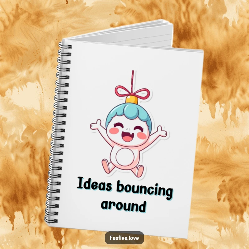 Funny Notebook: A kawaii ornament character bounces with excitement, symbolizing creative ideas and a joyful approach to note-taking.