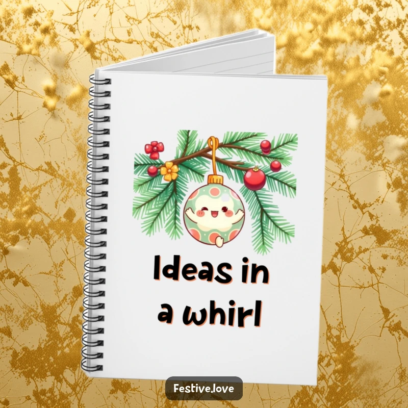 Funny notebook featuring a festive ornament character spinning gleefully on a decorated tree branch, perfect for jotting down holiday ideas.
