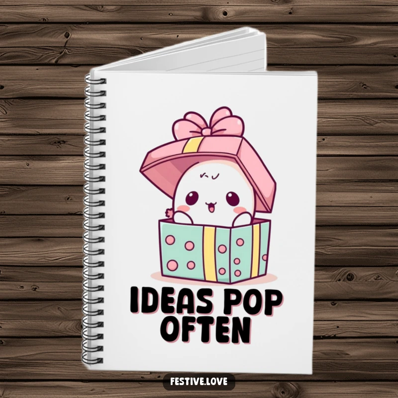 Funny Notebook: A kawaii present character pops its lid open in surprise, inspiring unexpected thoughts and creative note-taking.