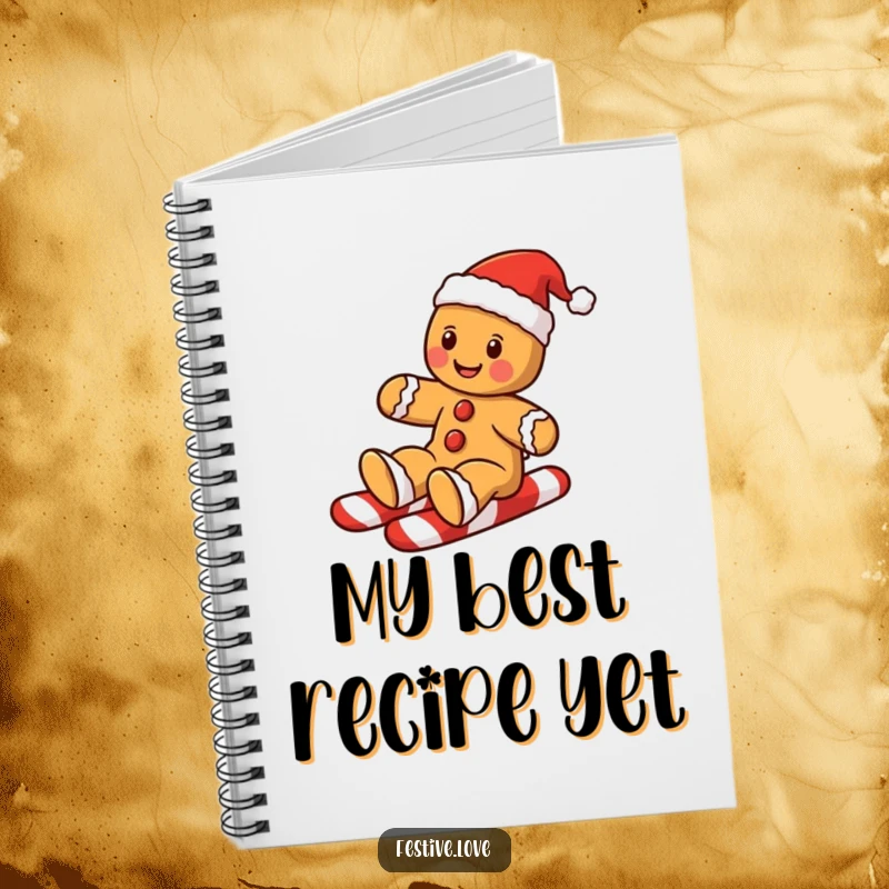 Funny gingerbread man notebook featuring a cookie sliding down a candy cane, ideal for holiday notes.