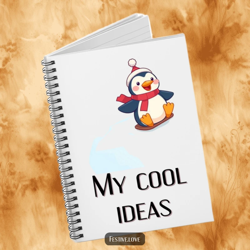 Funny notebook cover depicting an excited penguin character speeding down an icy incline with a look of pure joy.