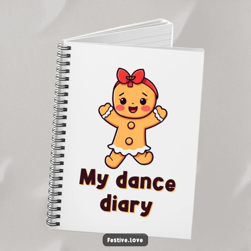Funny gingerbread dancer notebook, a character in a festive dance, perfect for writing down holiday recipes and ideas.