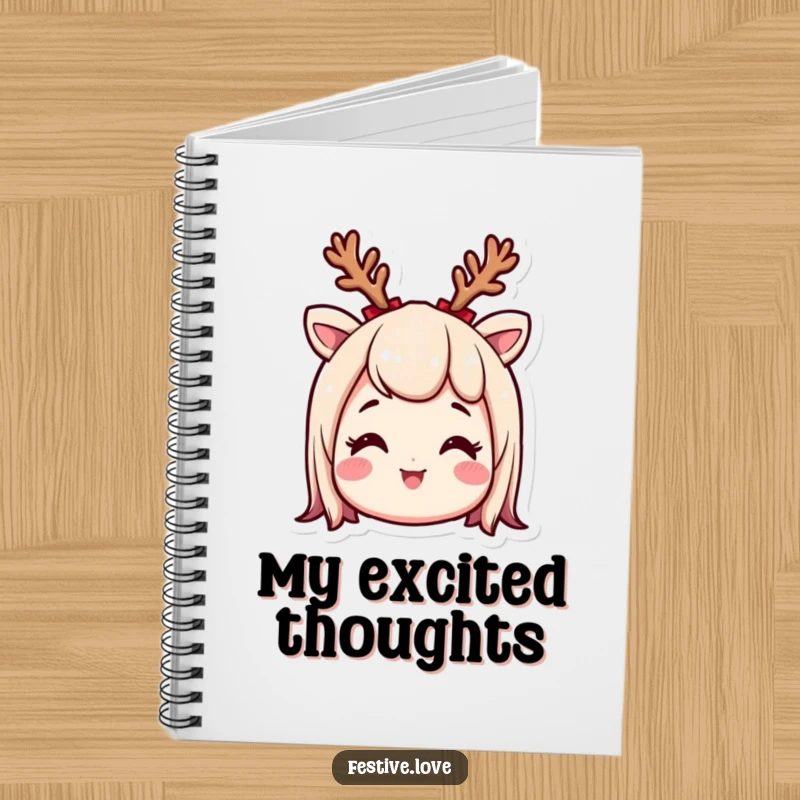 Funny notebook cover featuring a smiling character wearing a small reindeer antler headband, looking excited, perfect for holiday journaling.