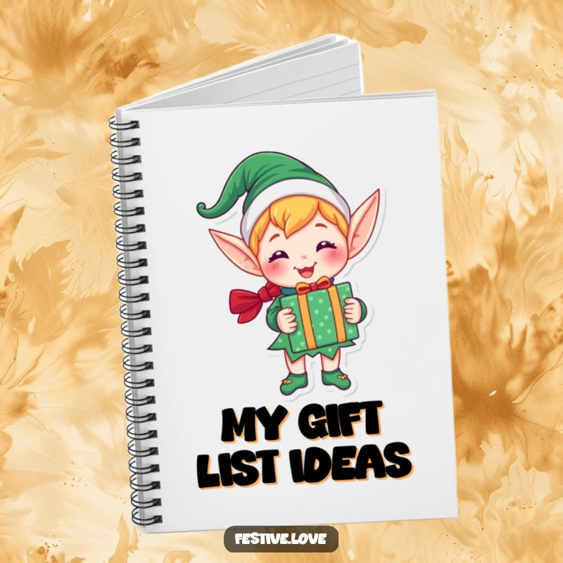 Funny notebook with a joyful elf character holding a brightly wrapped gift, perfect for jotting down holiday plans and wishes.