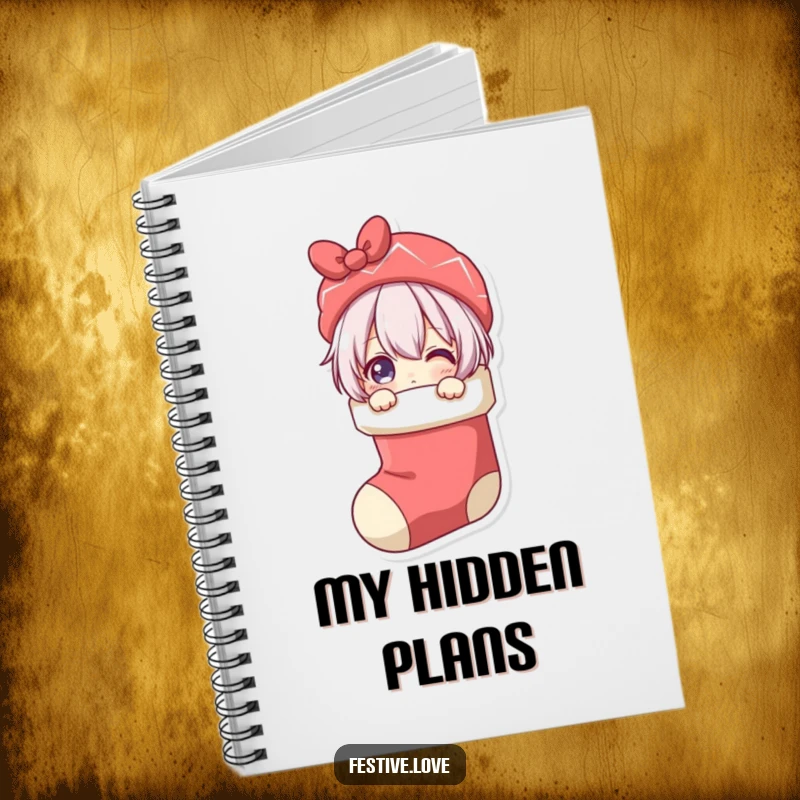 Funny notebook with a character peeking from a Christmas stocking, perfect for jotting down holiday plans, wishes, and festive secrets.