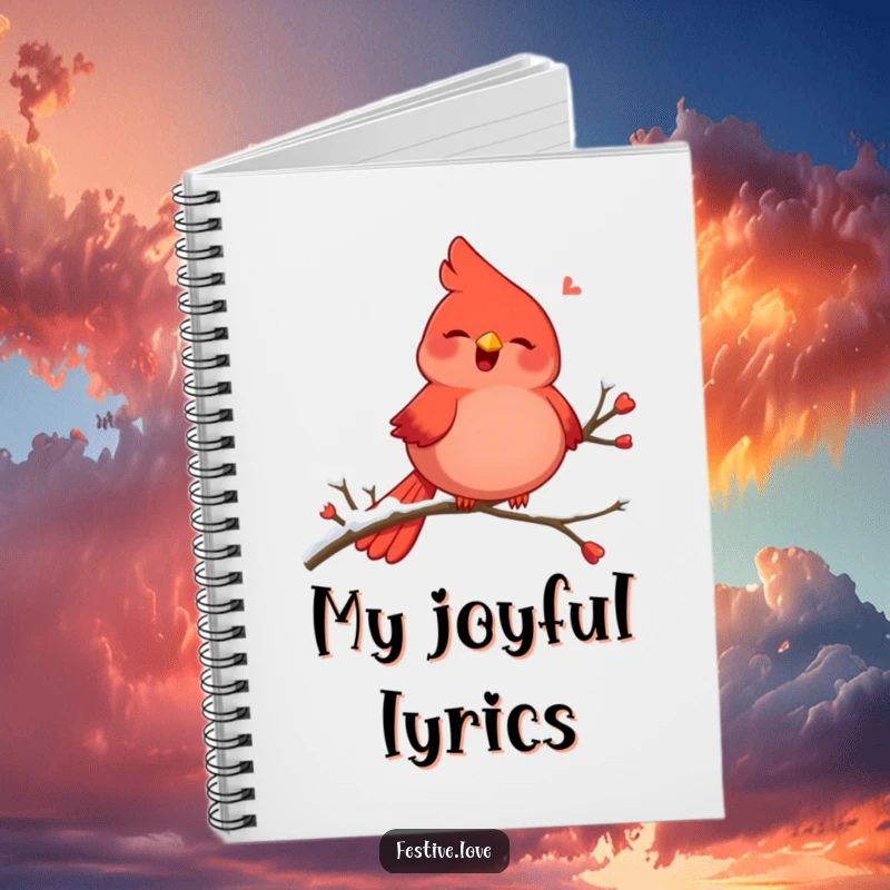 Funny notebook displaying a plump, red cardinal character singing joyfully on a snow-covered branch, winter theme.