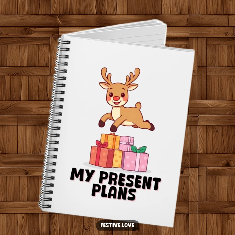 Funny notebook with a cheerful reindeer character leaping over Christmas presents, designed for jotting down festive ideas and notes.