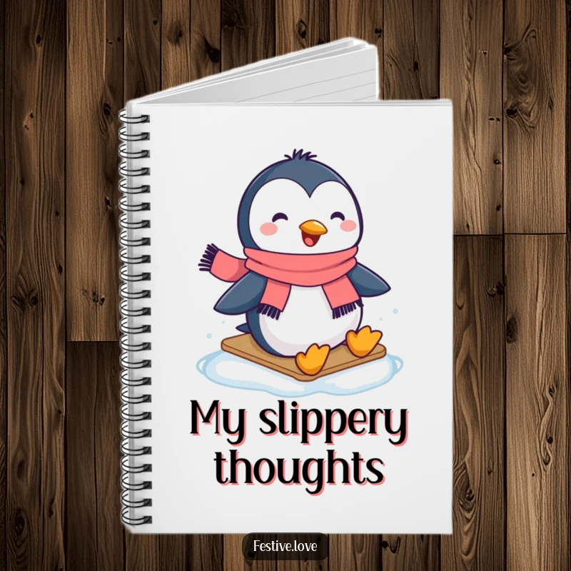 Funny notebook displaying a happy penguin character wearing a scarf, sliding with pure joy on an icy background.
