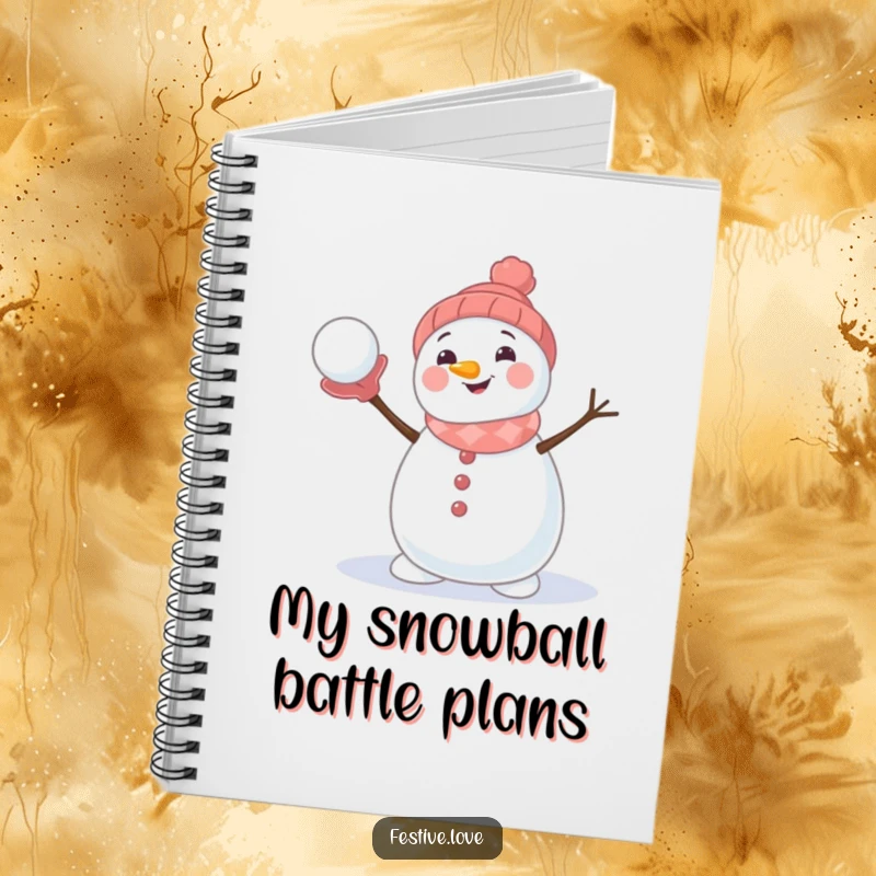 Funny notebook with a cute snowman character throwing a snowball, designed for capturing ideas with a touch of winter humor.
