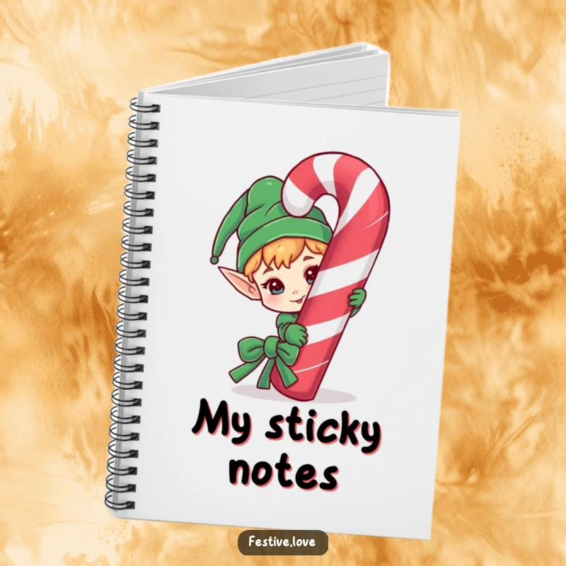 Funny notebook cover depicting a mischievous elf character peeking with a sly grin from behind a large candy cane.