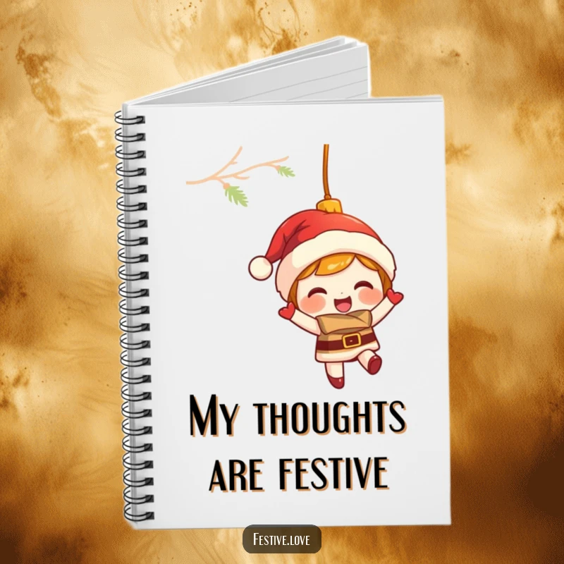 Funny notebook with a giggling Christmas ornament character swinging merrily, perfect for jotting down holiday thoughts.