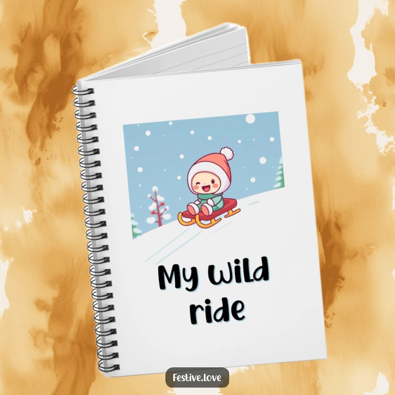 Funny notebook cover featuring a character gleefully sledding down a snowy incline on a festive sled, perfect for winter journaling.
